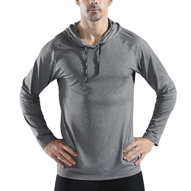 WOSEWE Sport T Shirts Men Long Sleeve hoodie Hooded Caps Comfortable Thin Fabric Anti-Sweat Workout Running Top Male Fitness Gym