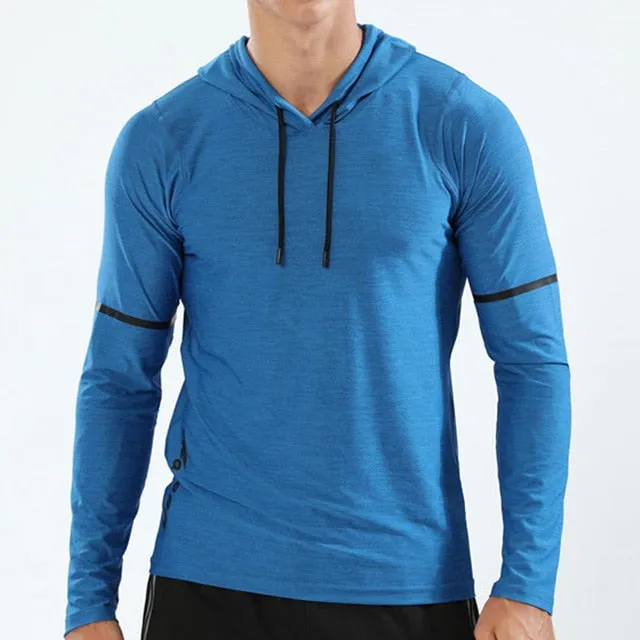 WOSEWE Sport T Shirts Men Long Sleeve hoodie Hooded Caps Comfortable Thin Fabric Anti-Sweat Workout Running Top Male Fitness Gym