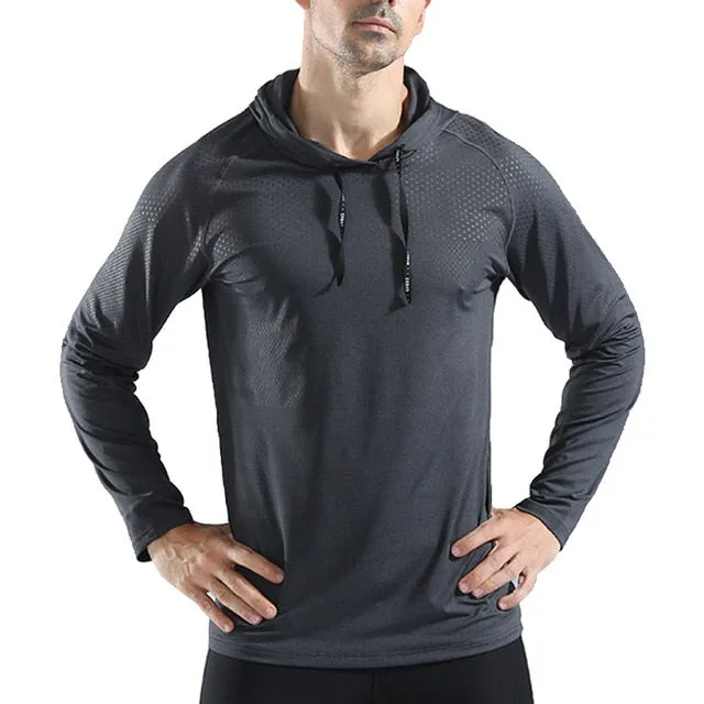 WOSEWE Sport T Shirts Men Long Sleeve hoodie Hooded Caps Comfortable Thin Fabric Anti-Sweat Workout Running Top Male Fitness Gym