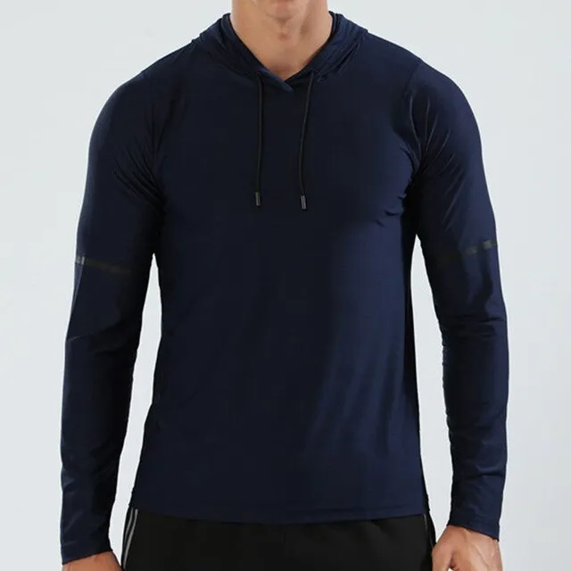 WOSEWE Sport T Shirts Men Long Sleeve hoodie Hooded Caps Comfortable Thin Fabric Anti-Sweat Workout Running Top Male Fitness Gym
