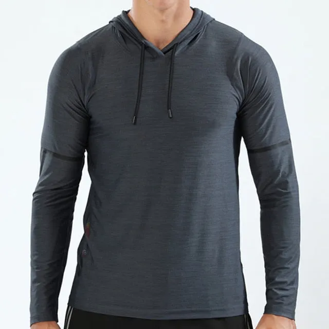 WOSEWE Sport T Shirts Men Long Sleeve hoodie Hooded Caps Comfortable Thin Fabric Anti-Sweat Workout Running Top Male Fitness Gym